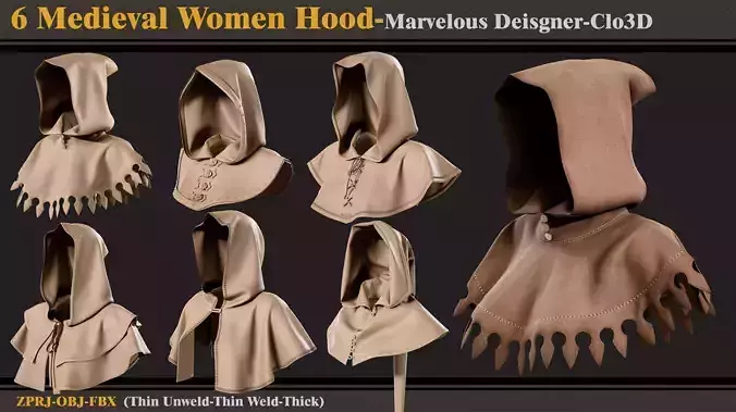 6 Medieval Women Hoods-MD-Clo3D -ZPRJ - FBX -OBJ 3D model