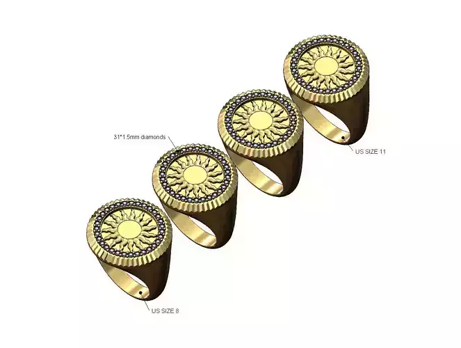 Fluted bezel round sun diamond signet ring Us sizes 8to11
