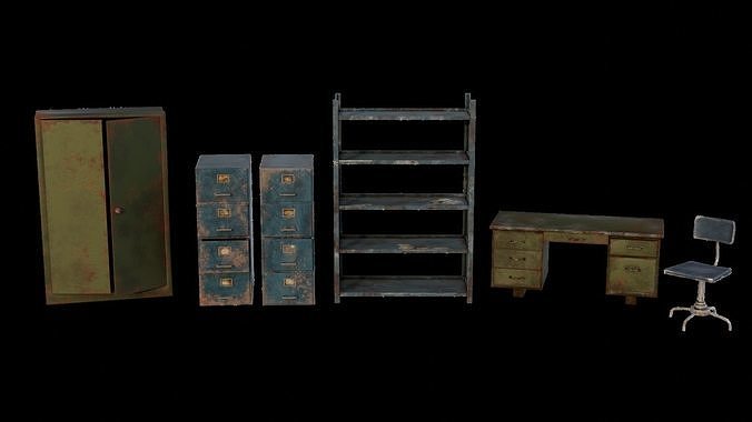 A set of abandoned office furniture Low-poly 3D model