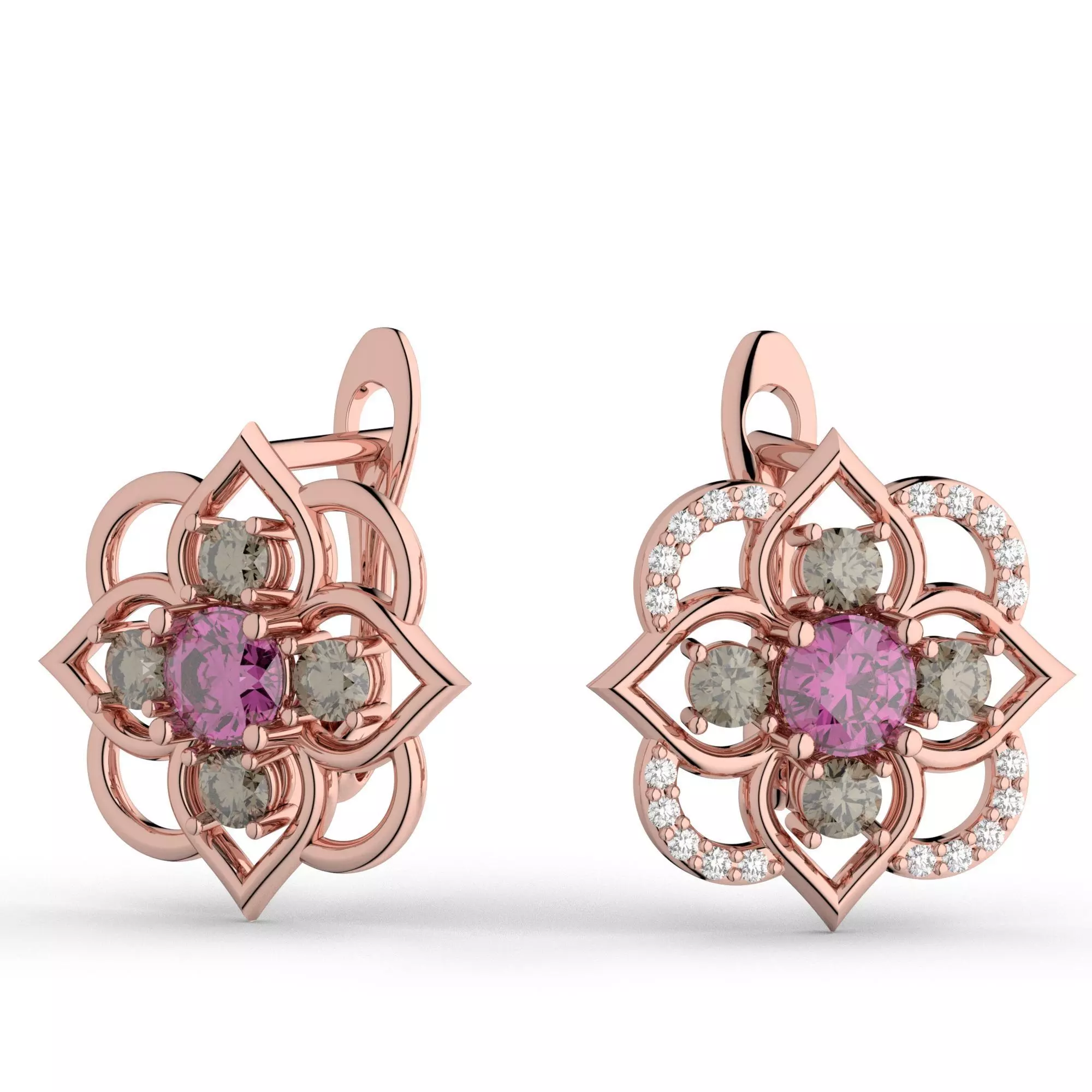 Flower shaped jewelry set of earrings and pendant with stones 3D print model