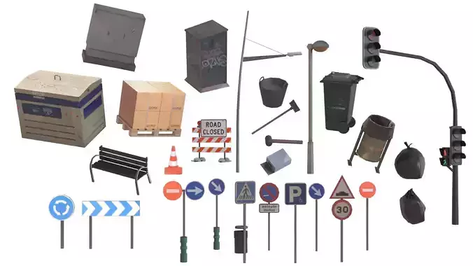 Street Elements Collection  Low-poly 3D model