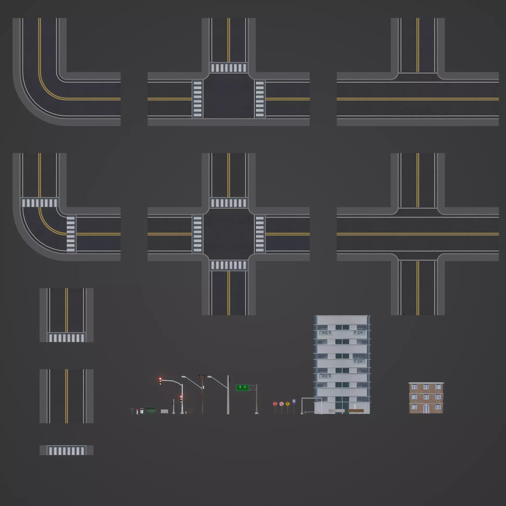 Modular Streets with over 40 urban props Low-poly 3D model_0