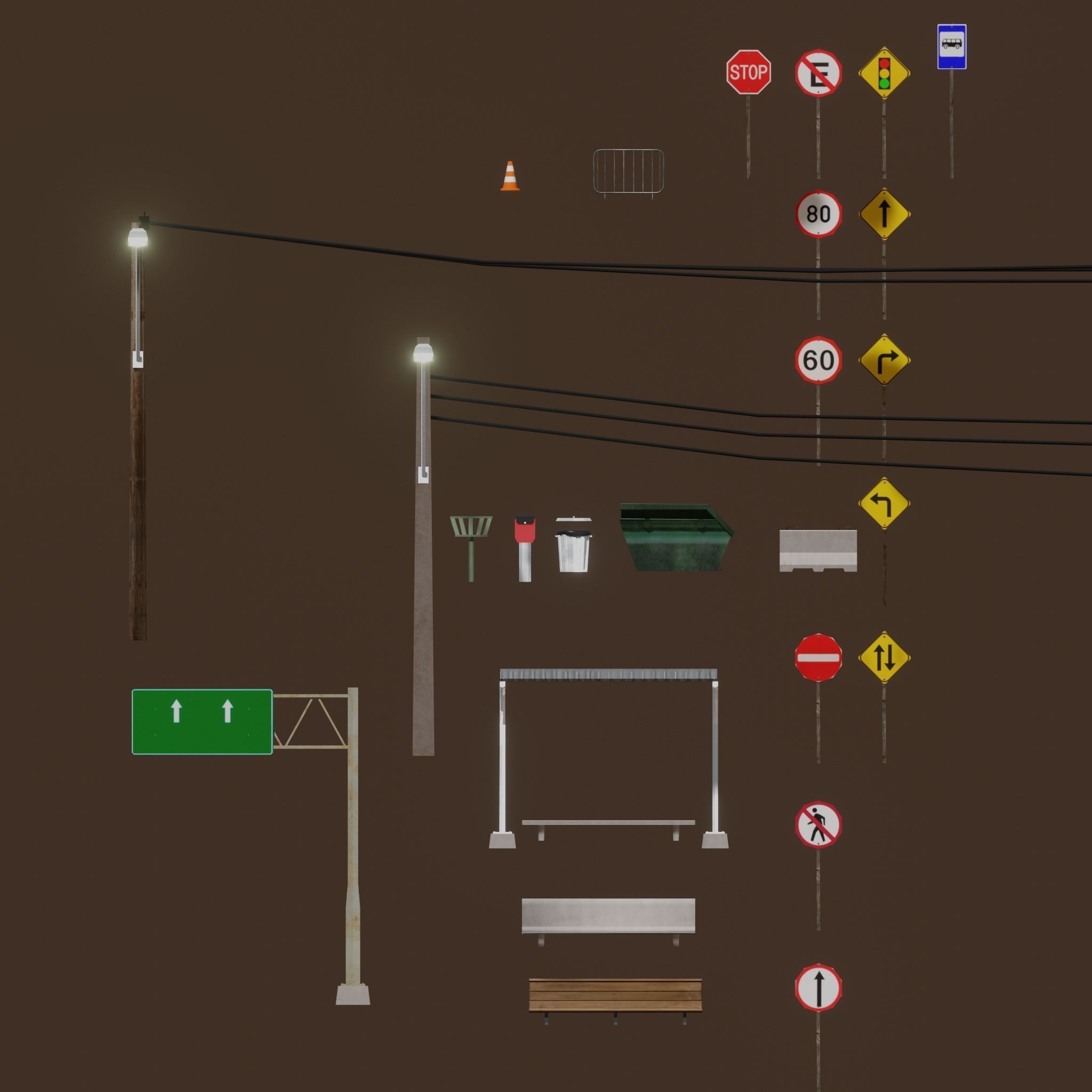 Modular Streets with over 40 urban props Low-poly 3D model_7