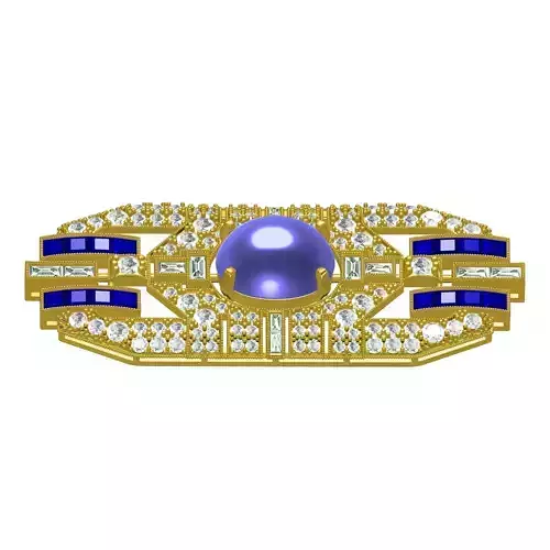 Blue Sapphire Princess and Cabochon Stone Art Deco Brooch