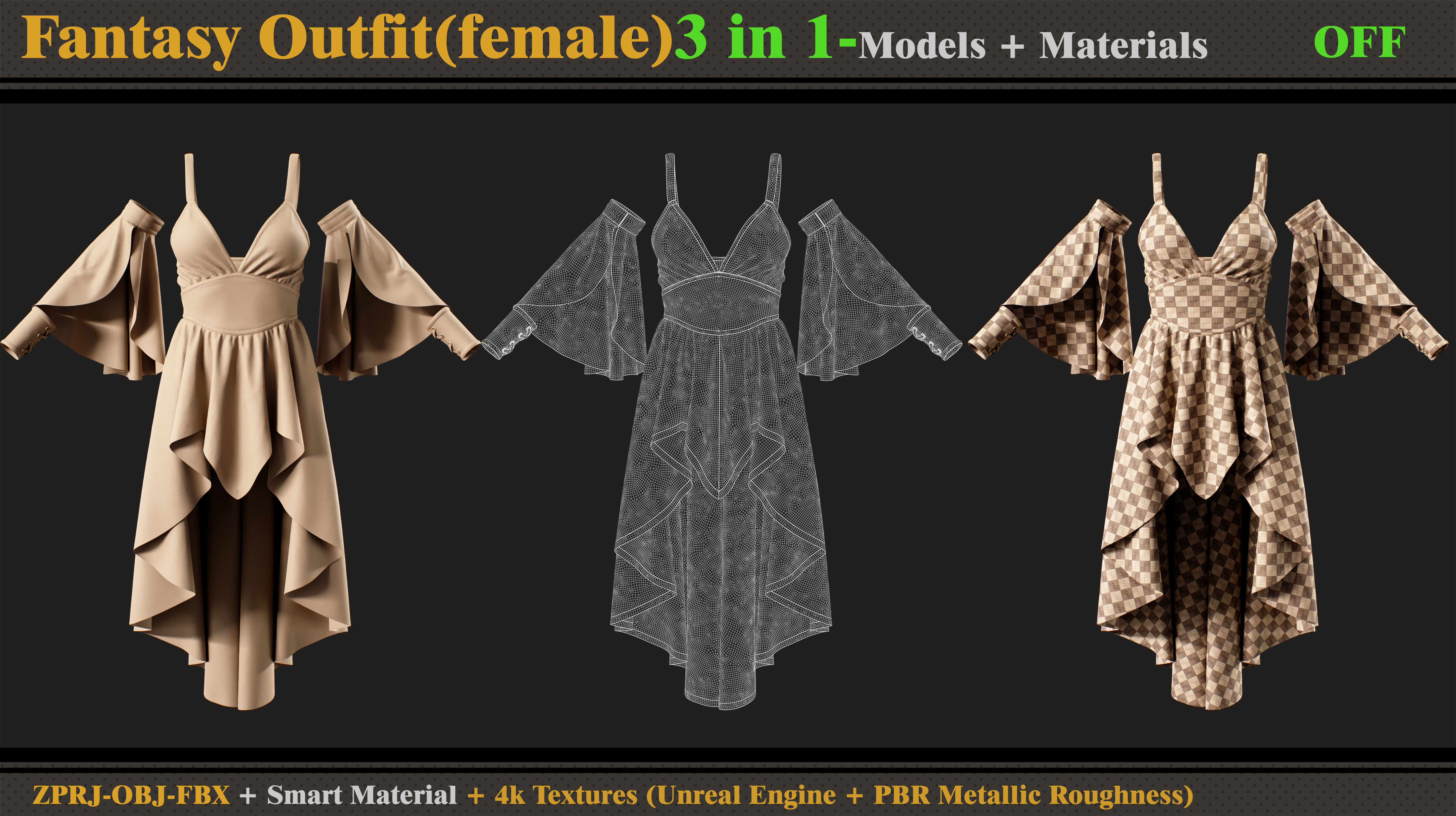 3 in 1 Fantasy Outfits- MD-Clo3d-OBJ -FBX-Materials-Textures 3D model_6
