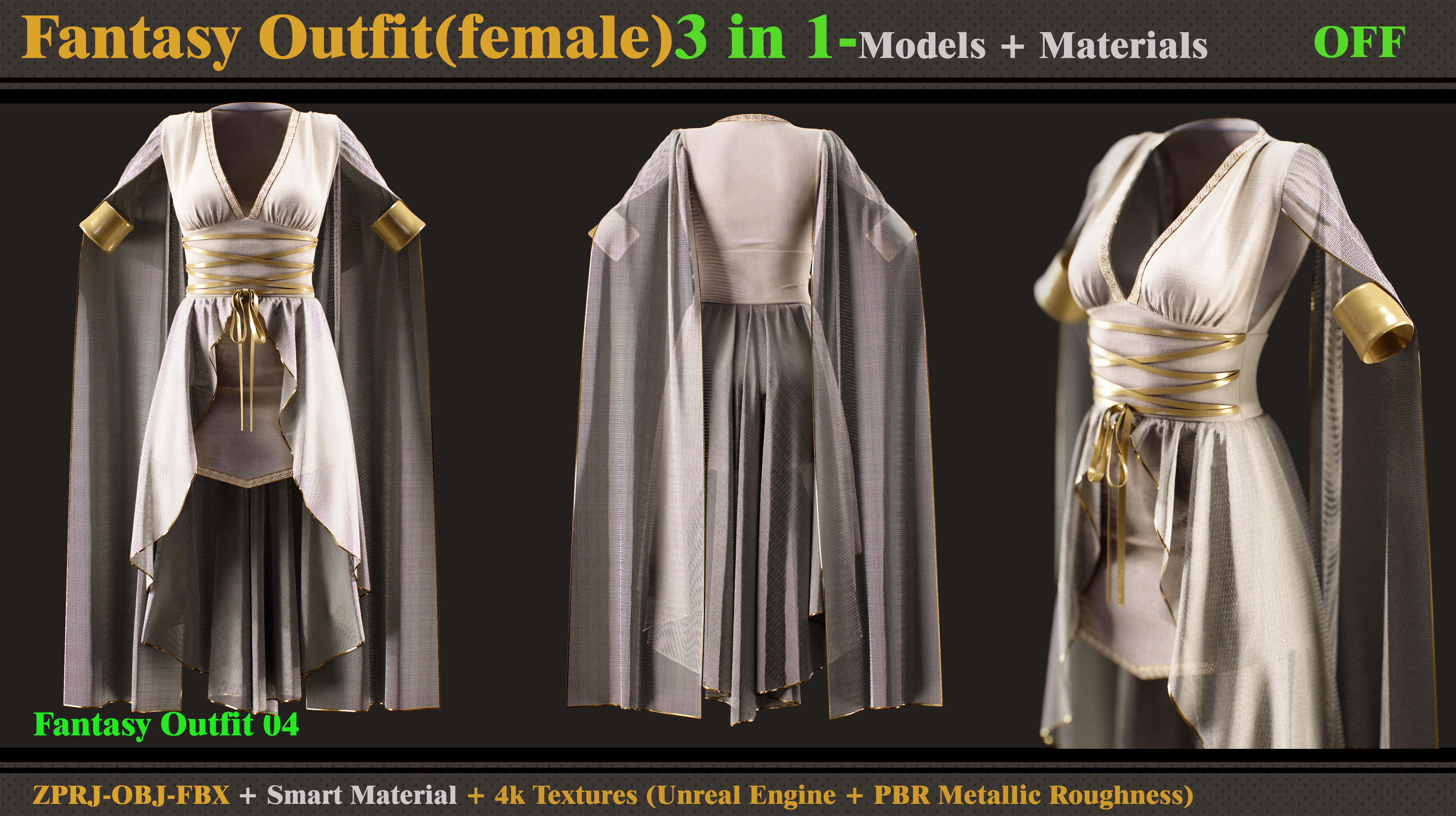 3 in 1 Fantasy Outfits- MD-Clo3d-OBJ -FBX-Materials-Textures 3D model_1