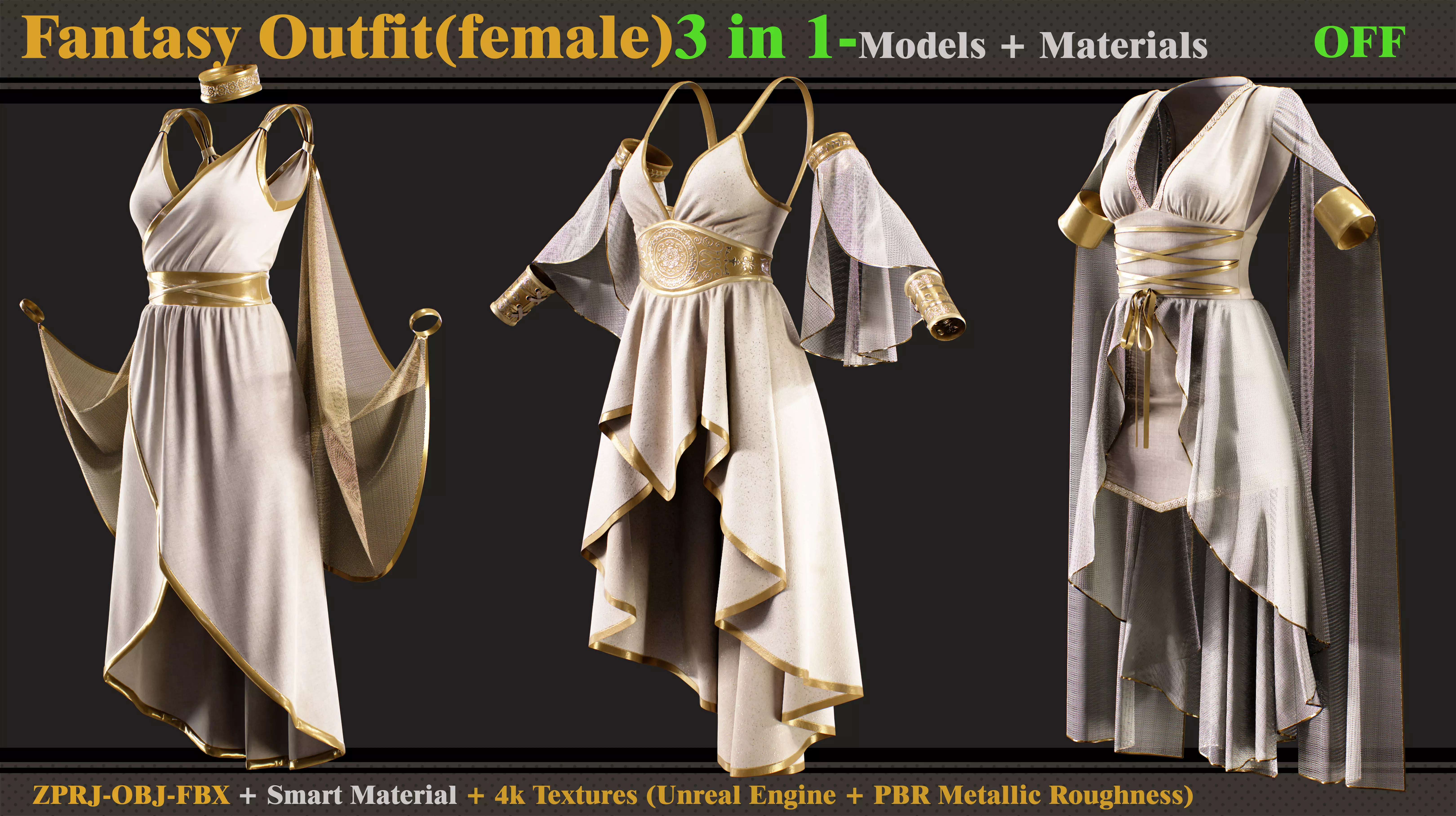 3 in 1 Fantasy Outfits- MD-Clo3d-OBJ -FBX-Materials-Textures 3D model_0