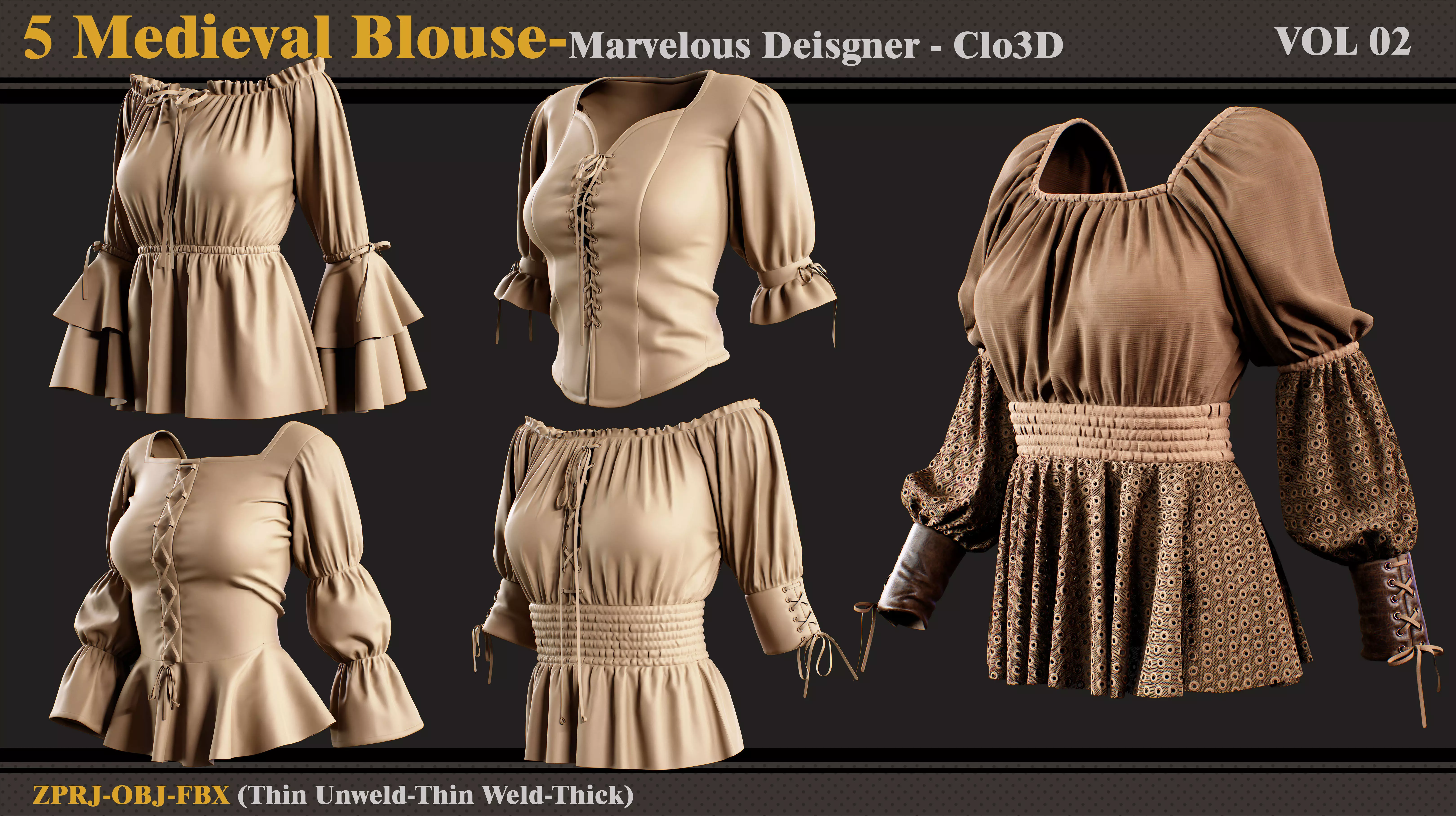 5 Medieval Blouses-MD-Clo3D -ZPRJ- FBX - OBJ 3D model