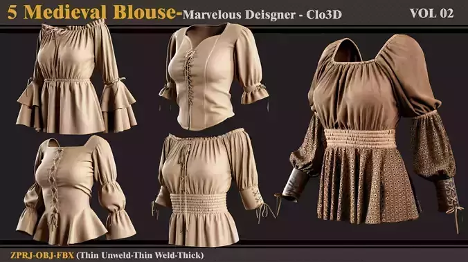 5 Medieval Blouses-MD-Clo3D -ZPRJ- FBX - OBJ
