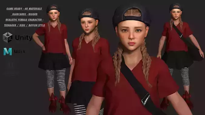 AAA 3D REALISTIC CHARACTER - TEENAGER KIDS BOYISH GIRL CHILD Low-poly 3D model