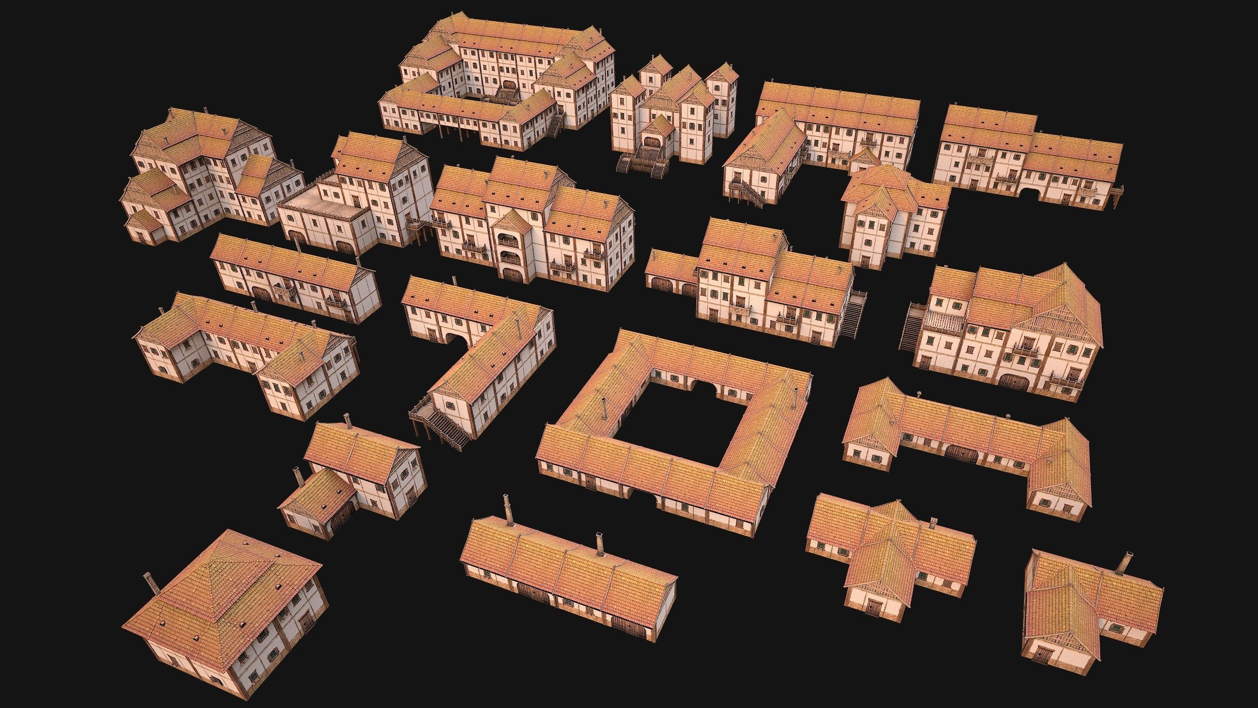 Medieval Pack of Town Houses 3D Model Collection_2