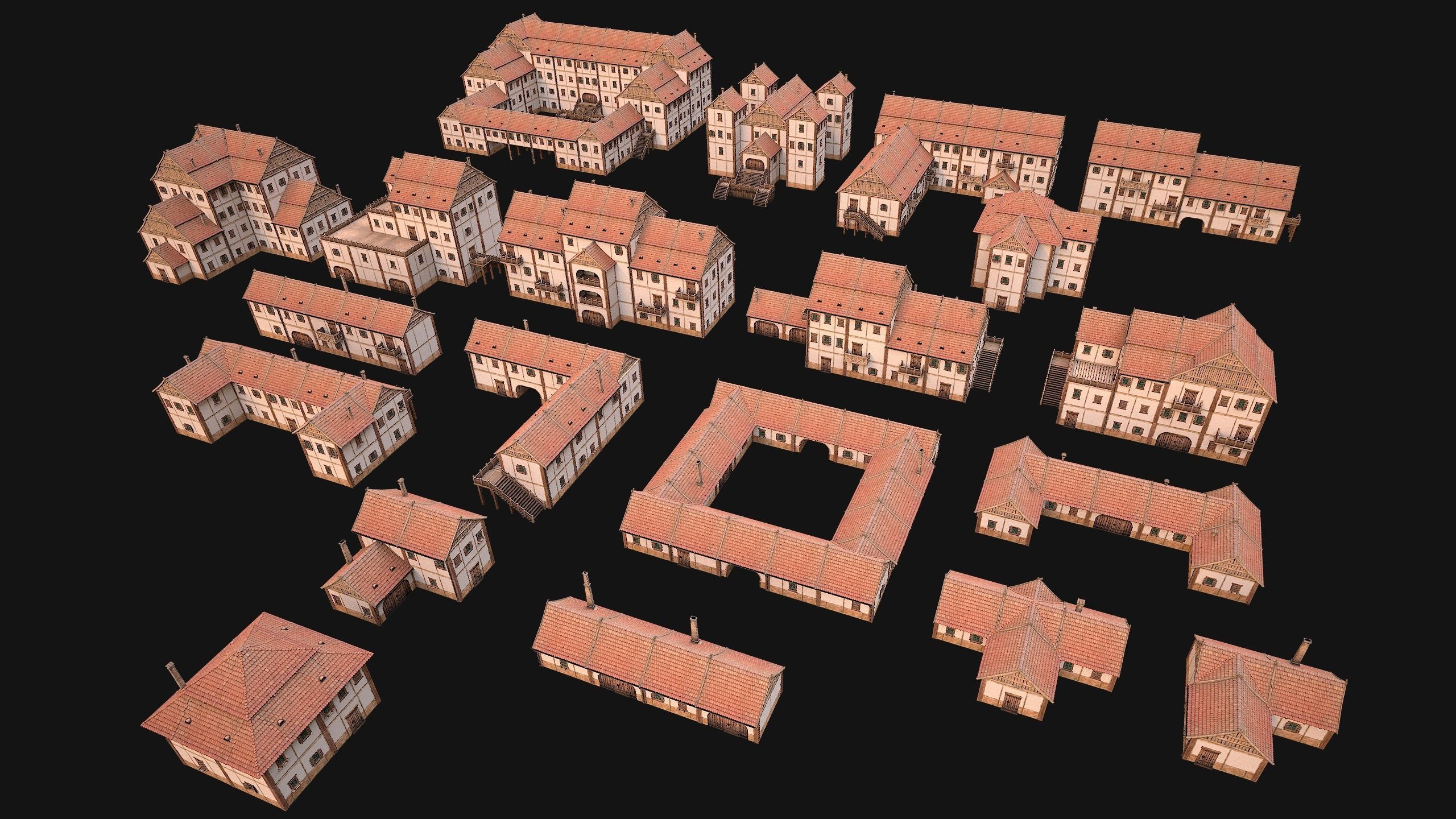 Medieval Pack of Town Houses 3D Model Collection_1