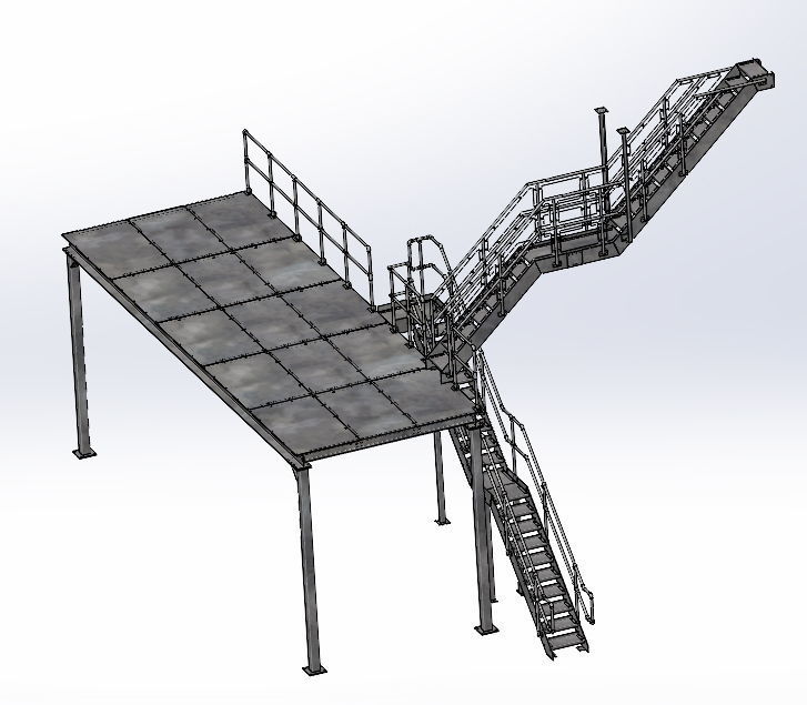 Steel mezzanine platform with two stairs 3D model_1