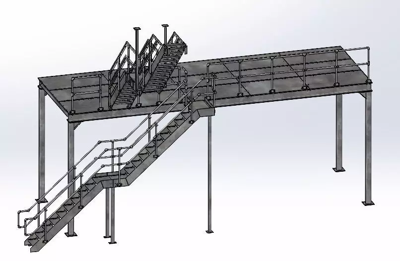 Steel mezzanine platform with two stairs 3D model_0