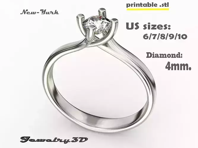 Printable STL jewelry ring SOL diamond 4mm 024ct