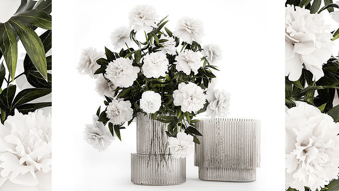 Solemn bouquet of white peony flowers in a vase 363 3D model