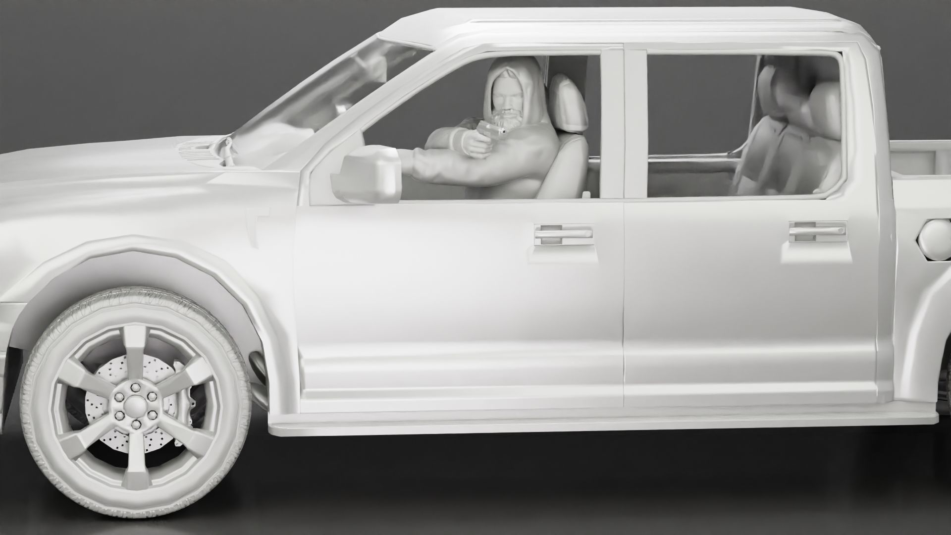 gangster in hoodie driving a car and holding gun 3D print model_18