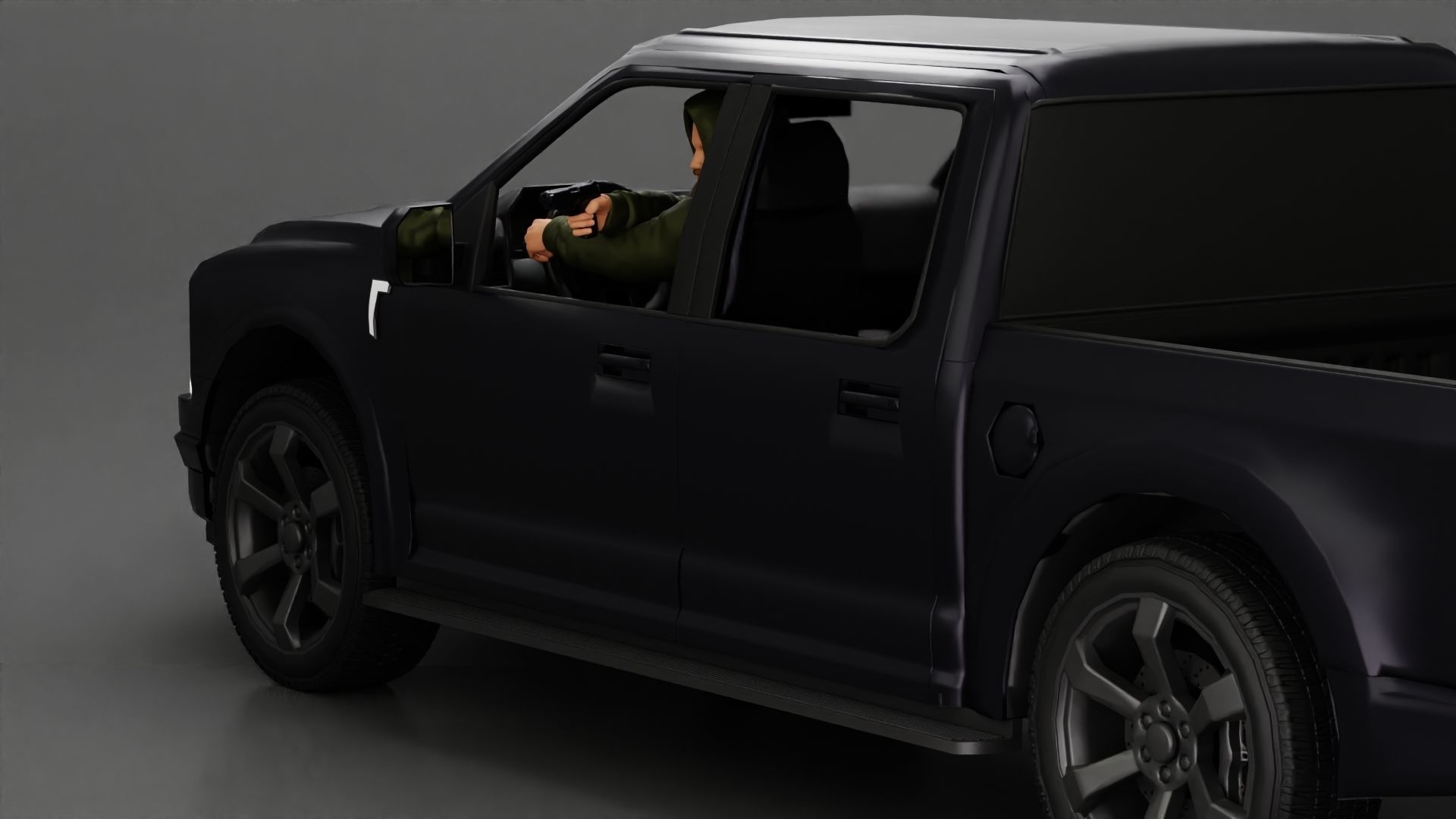 gangster in hoodie driving a car and holding gun 3D print model_7