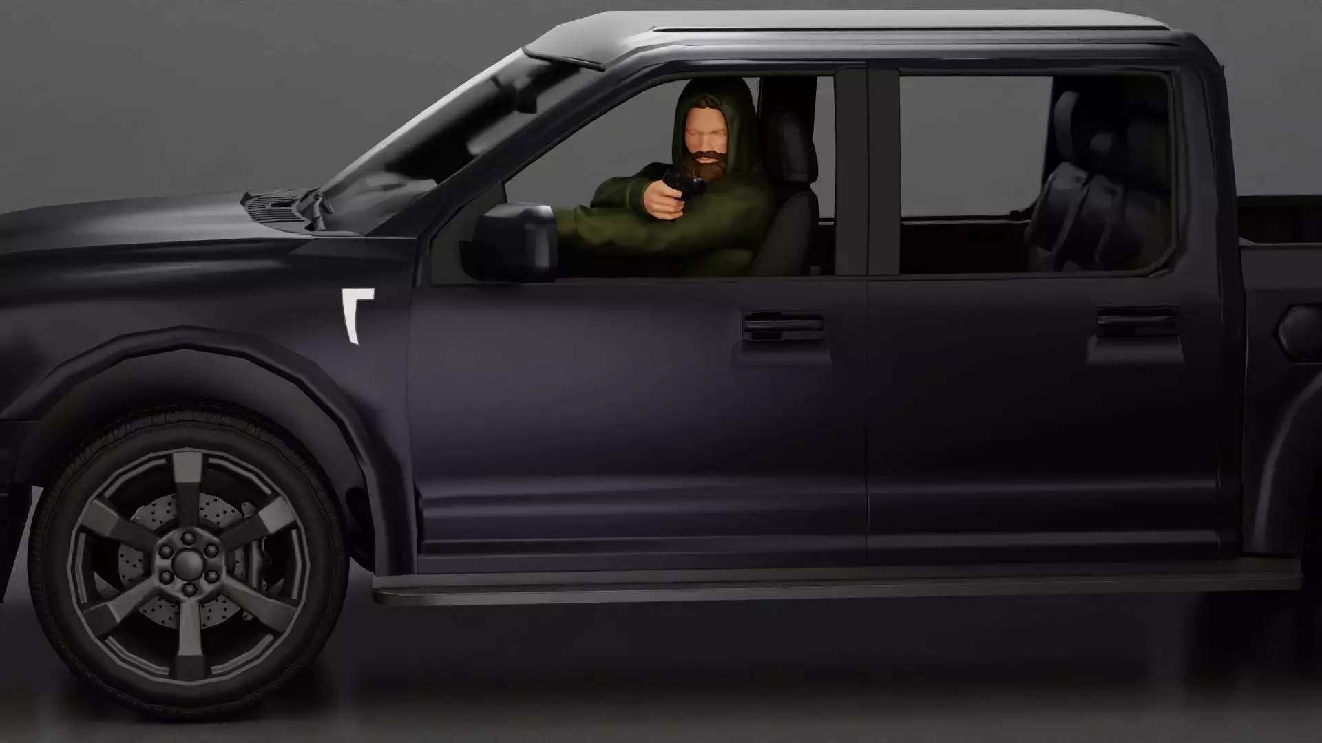 gangster in hoodie driving a car and holding gun 3D print model_0