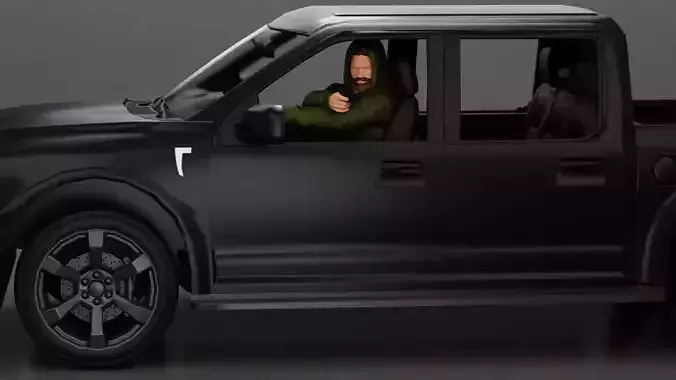 gangster in hoodie driving a car and holding gun