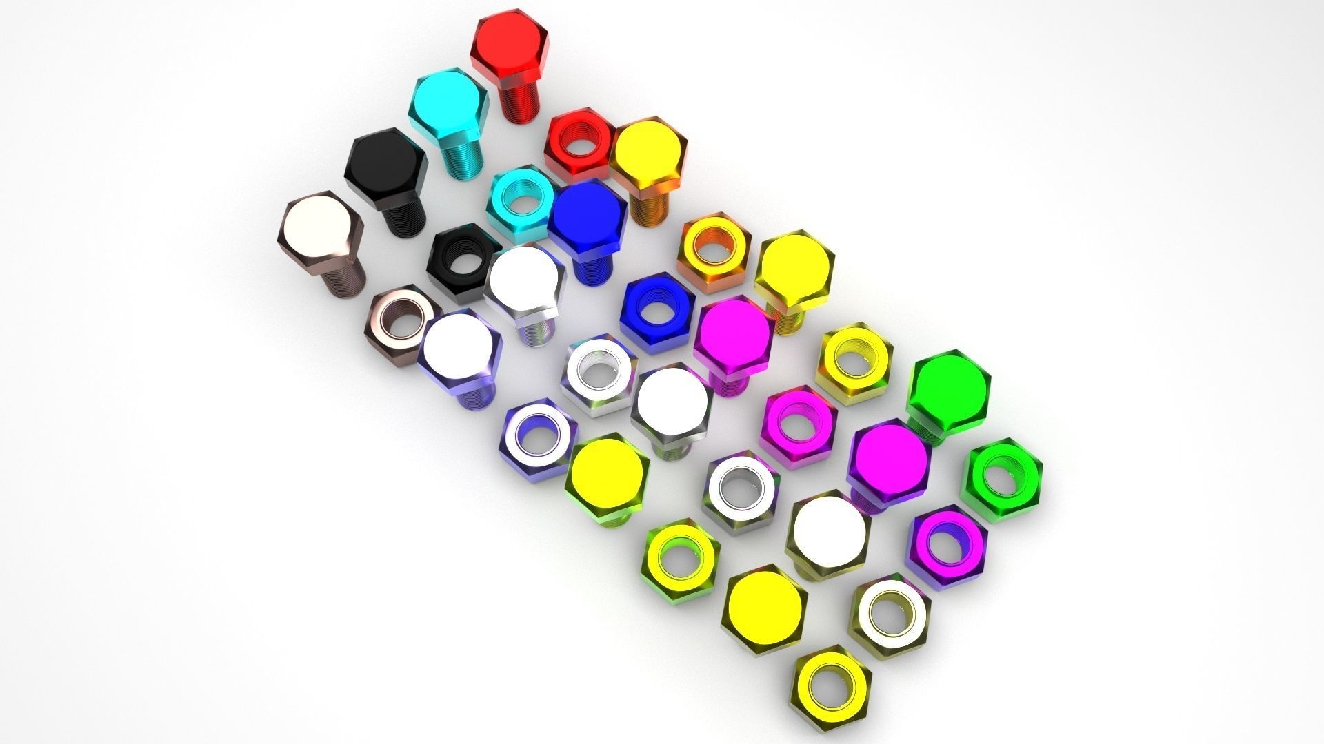 Colored Bolts and Nuts Set 3D model_1