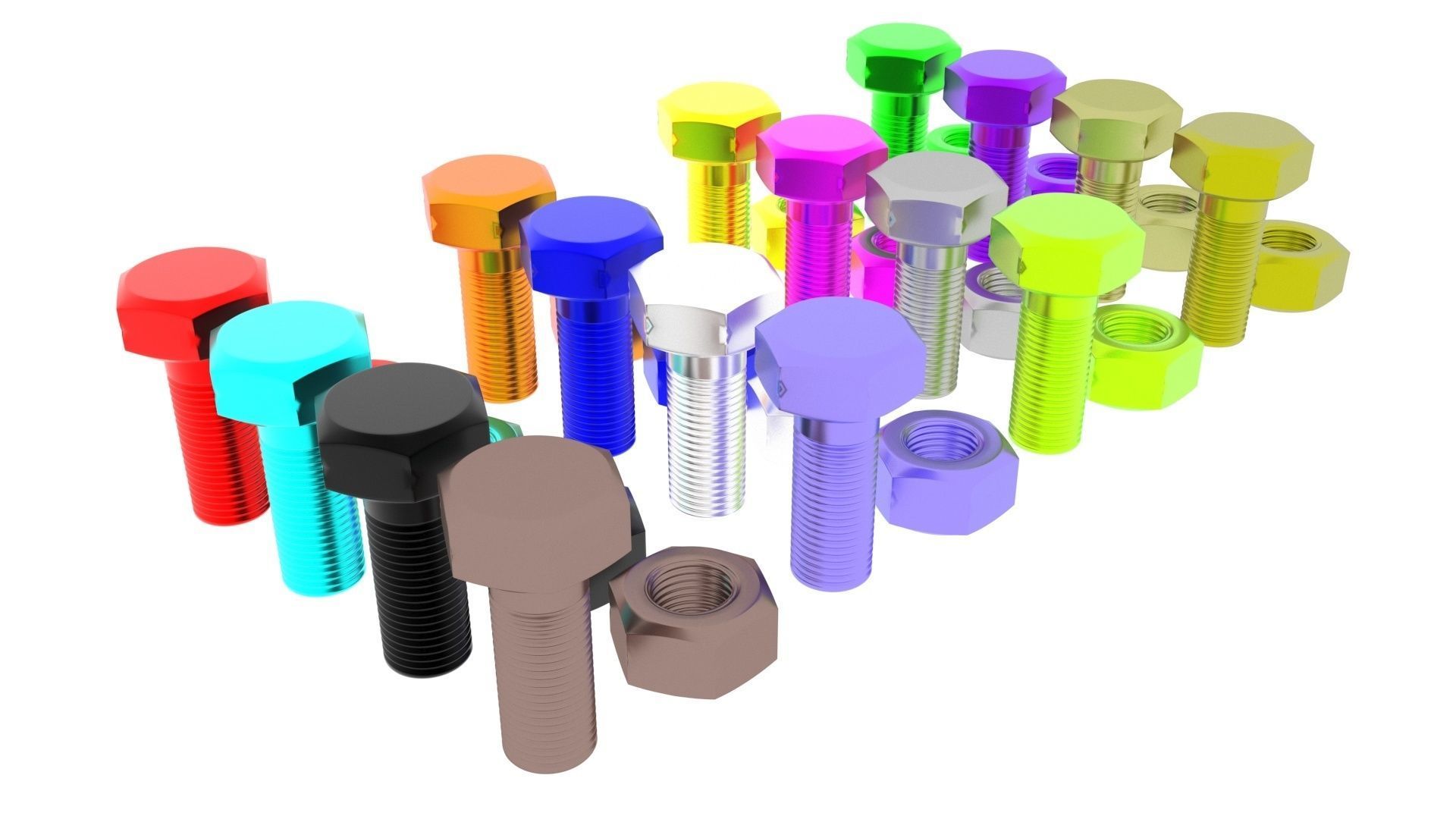 Colored Bolts and Nuts Set 3D model_8