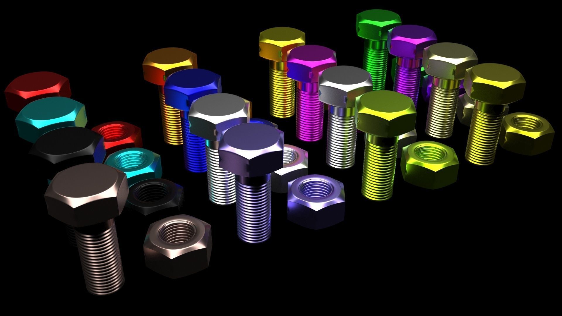 Colored Bolts and Nuts Set 3D model_7