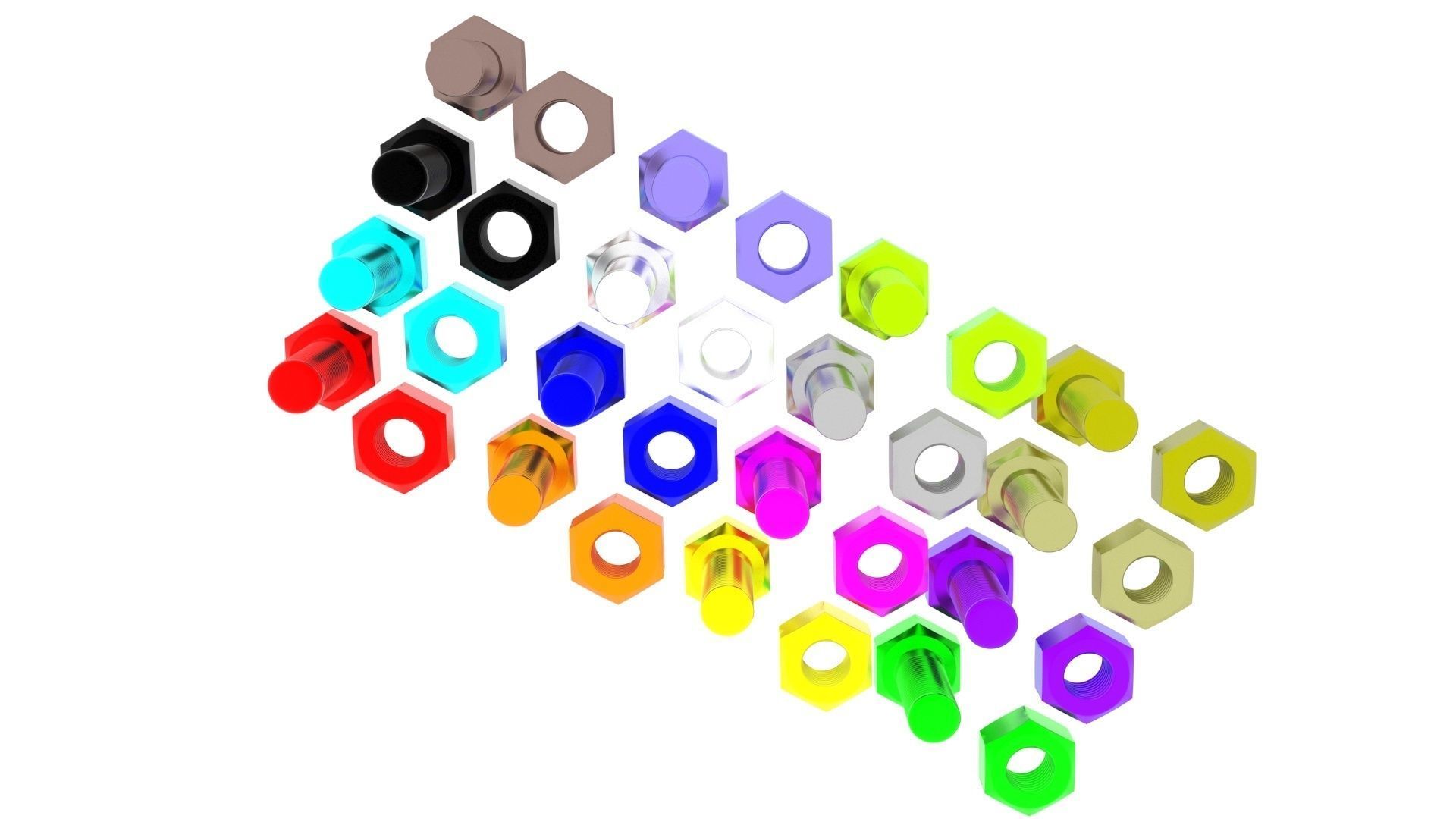 Colored Bolts and Nuts Set 3D model_12