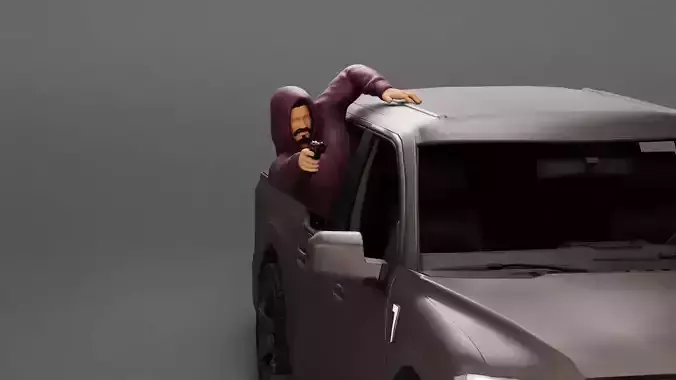 Gangster man in hoodie shooting leaning out window of the car 3D print model