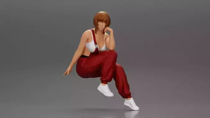 young woman sitting taking off her bib overalls  3D print model