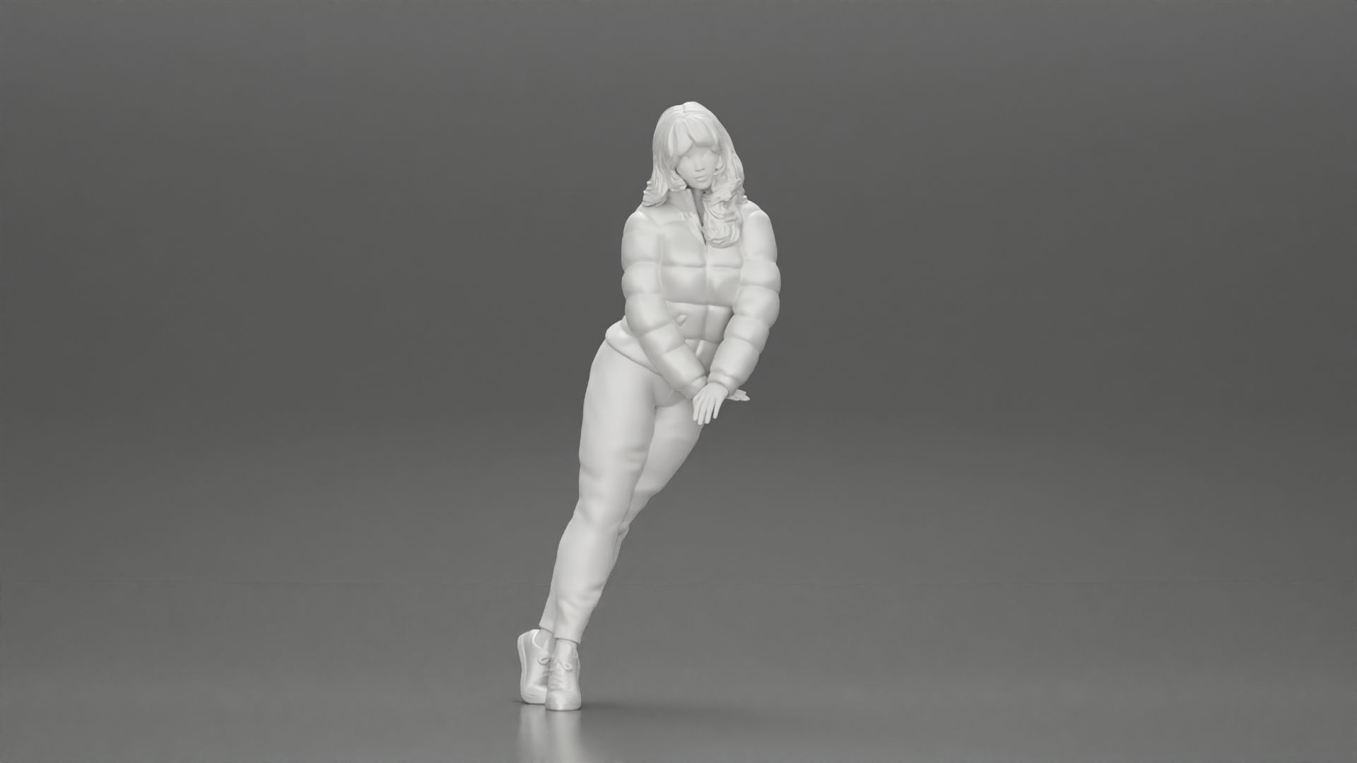 Asian girl in jacket leaning with her hands on the car 3D print model_6