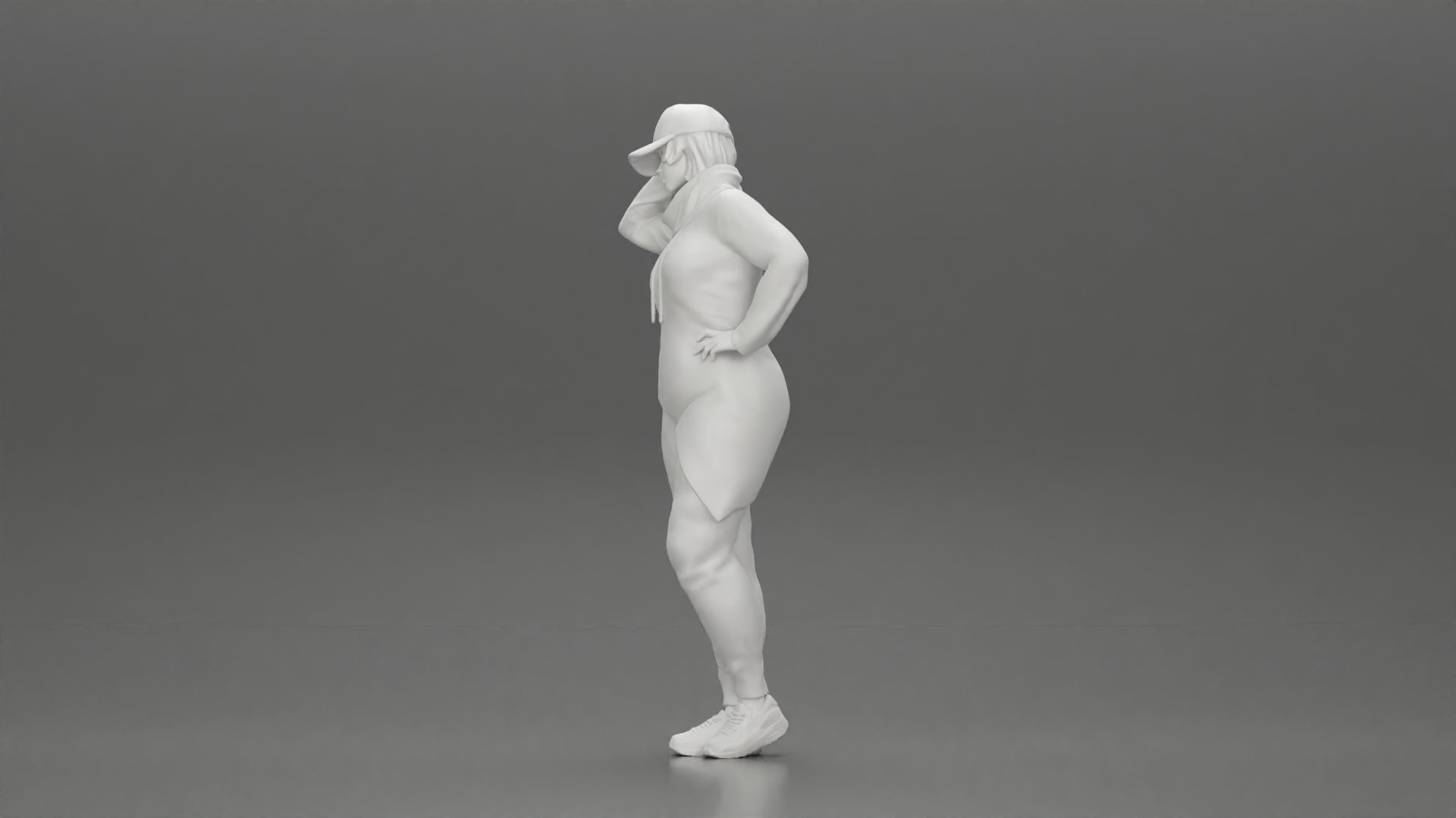 Asian girl in a neck hoodie and cap is standing and thinking 3D print model_11