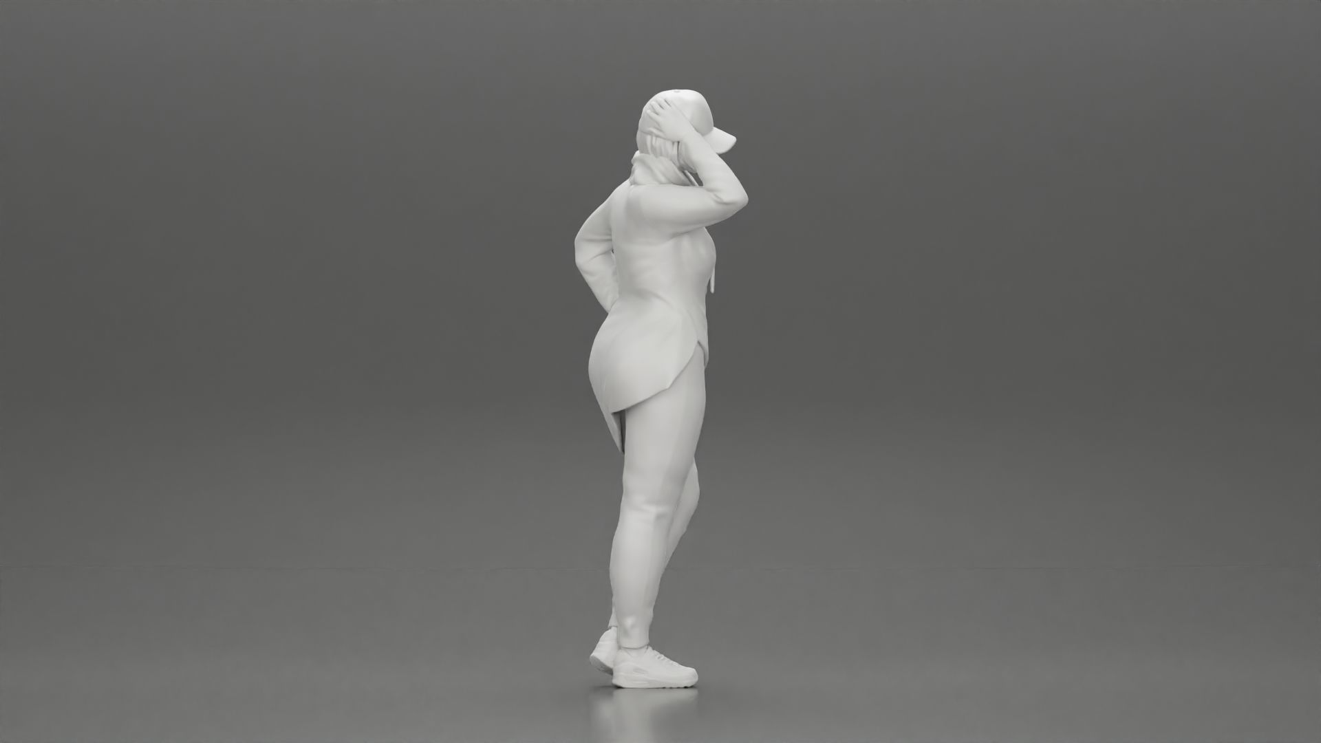 Asian girl in a neck hoodie and cap is standing and thinking 3D print model_8