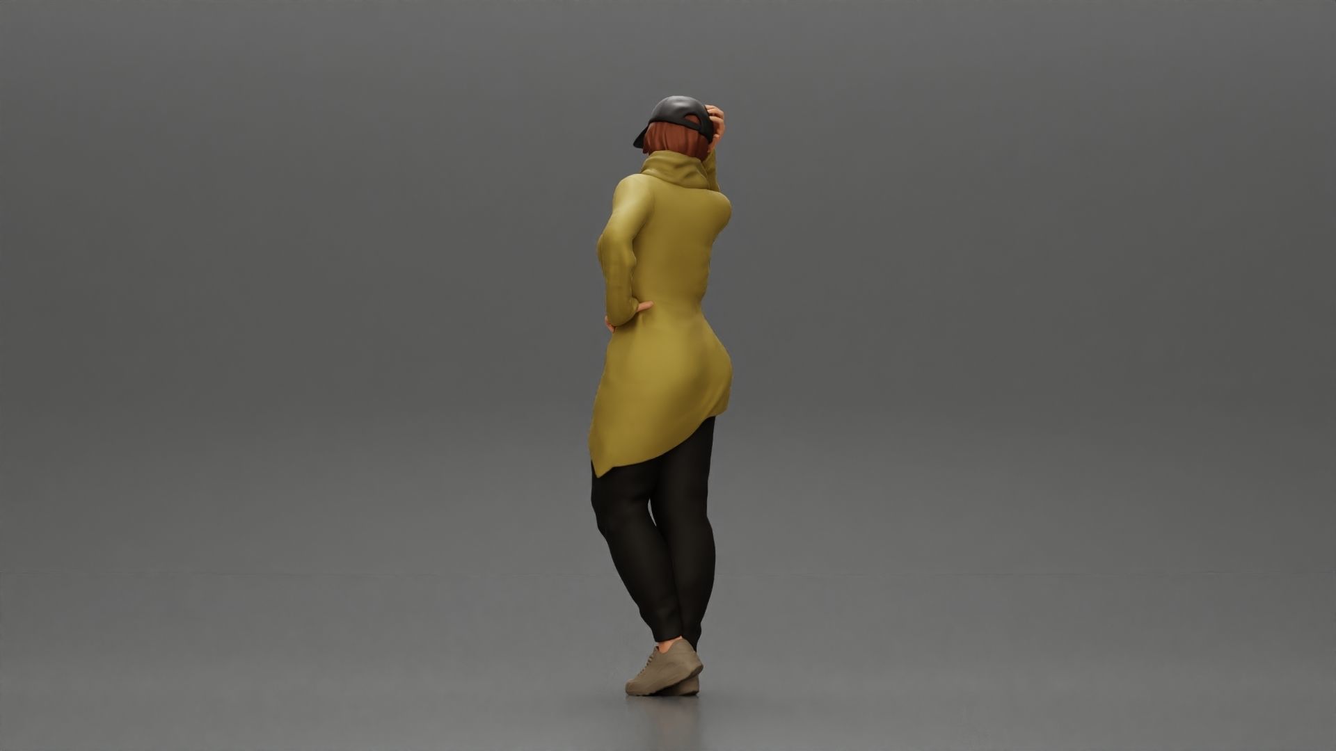 Asian girl in a neck hoodie and cap is standing and thinking 3D print model_4