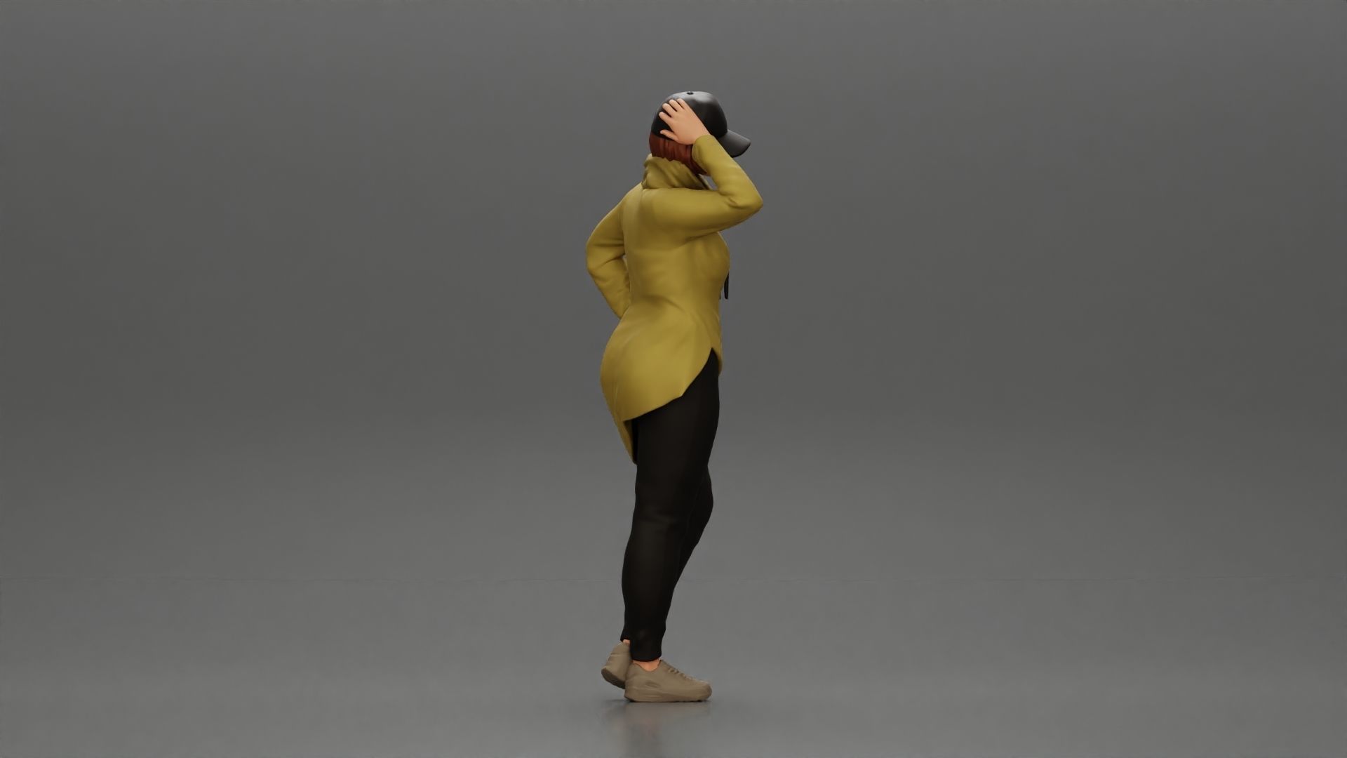 Asian girl in a neck hoodie and cap is standing and thinking 3D print model_2