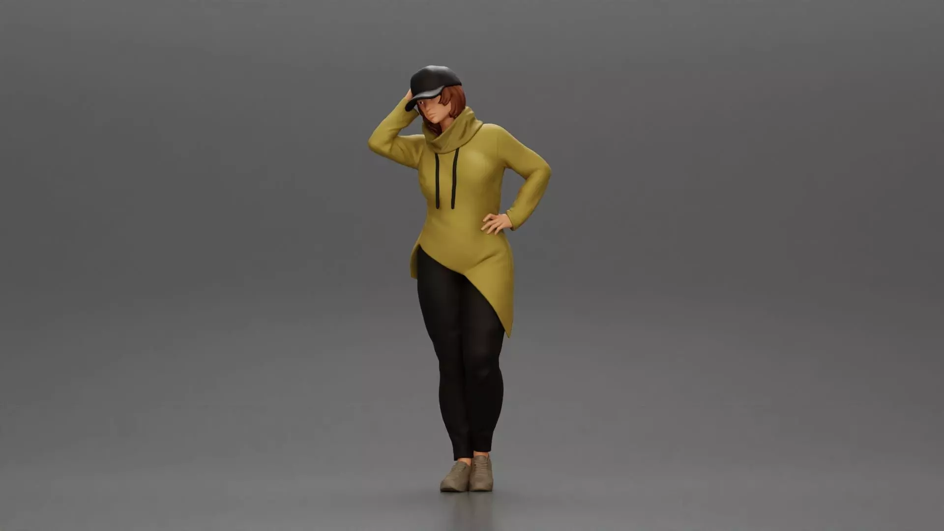 Asian girl in a neck hoodie and cap is standing and thinking 3D print model_0