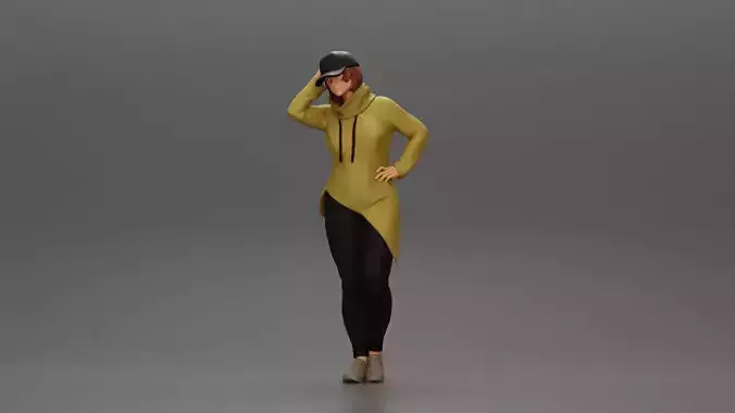 Asian girl in a neck hoodie and cap is standing and thinking