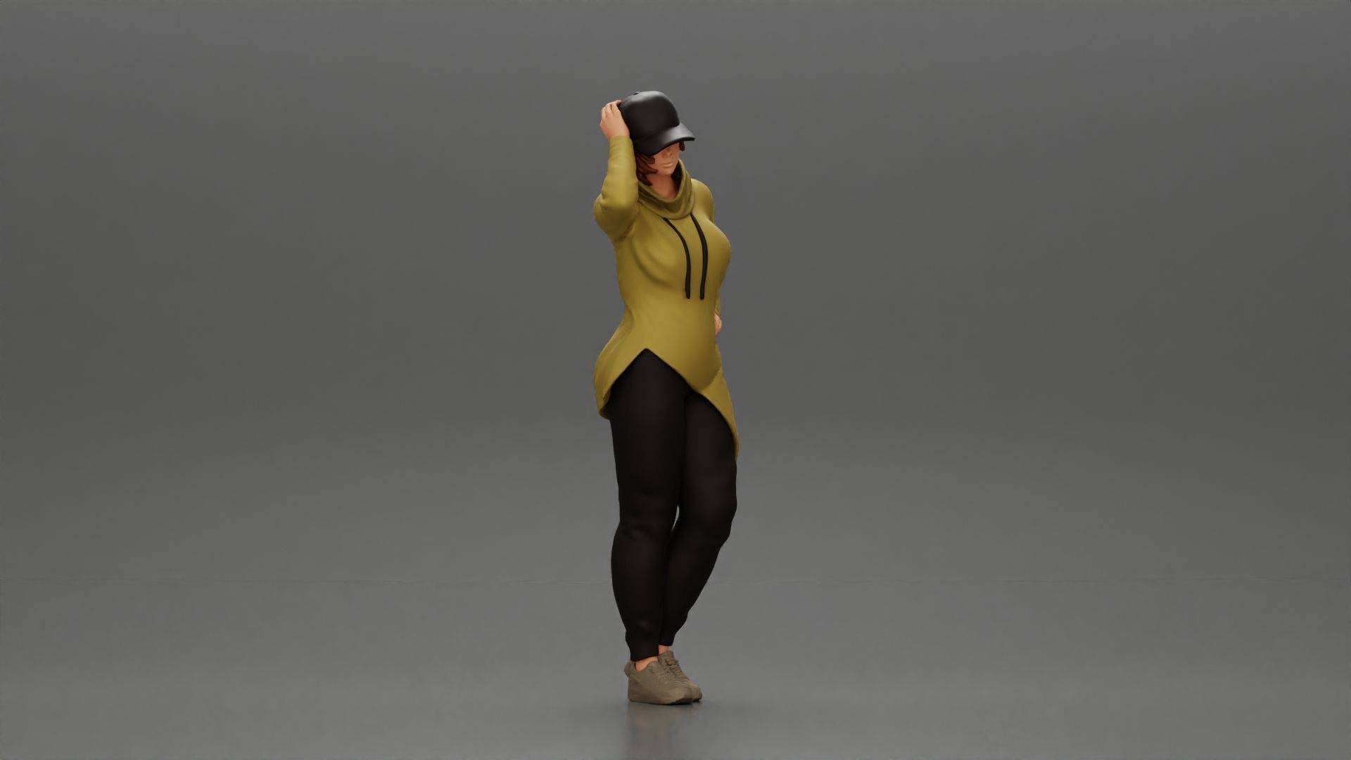 Asian girl in a neck hoodie and cap is standing and thinking 3D print model_1