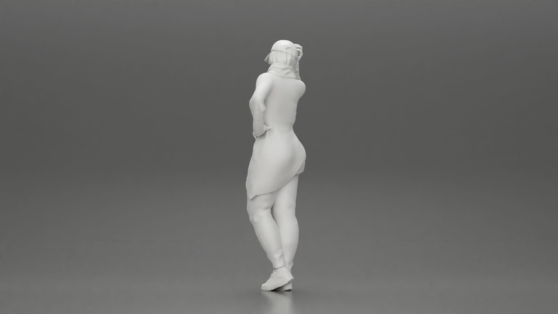 Asian girl in a neck hoodie and cap is standing and thinking 3D print model_10