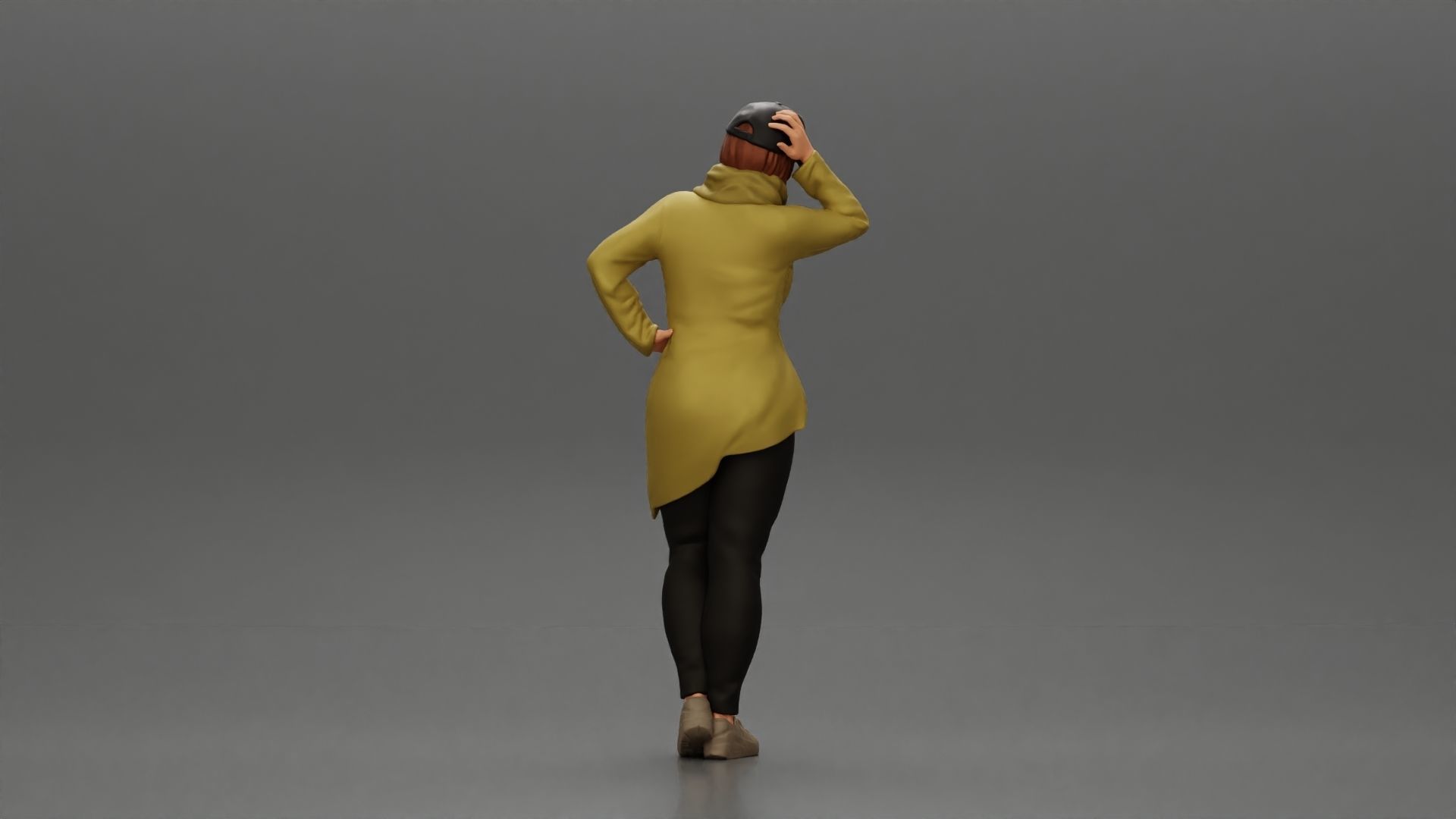 Asian girl in a neck hoodie and cap is standing and thinking 3D print model_3