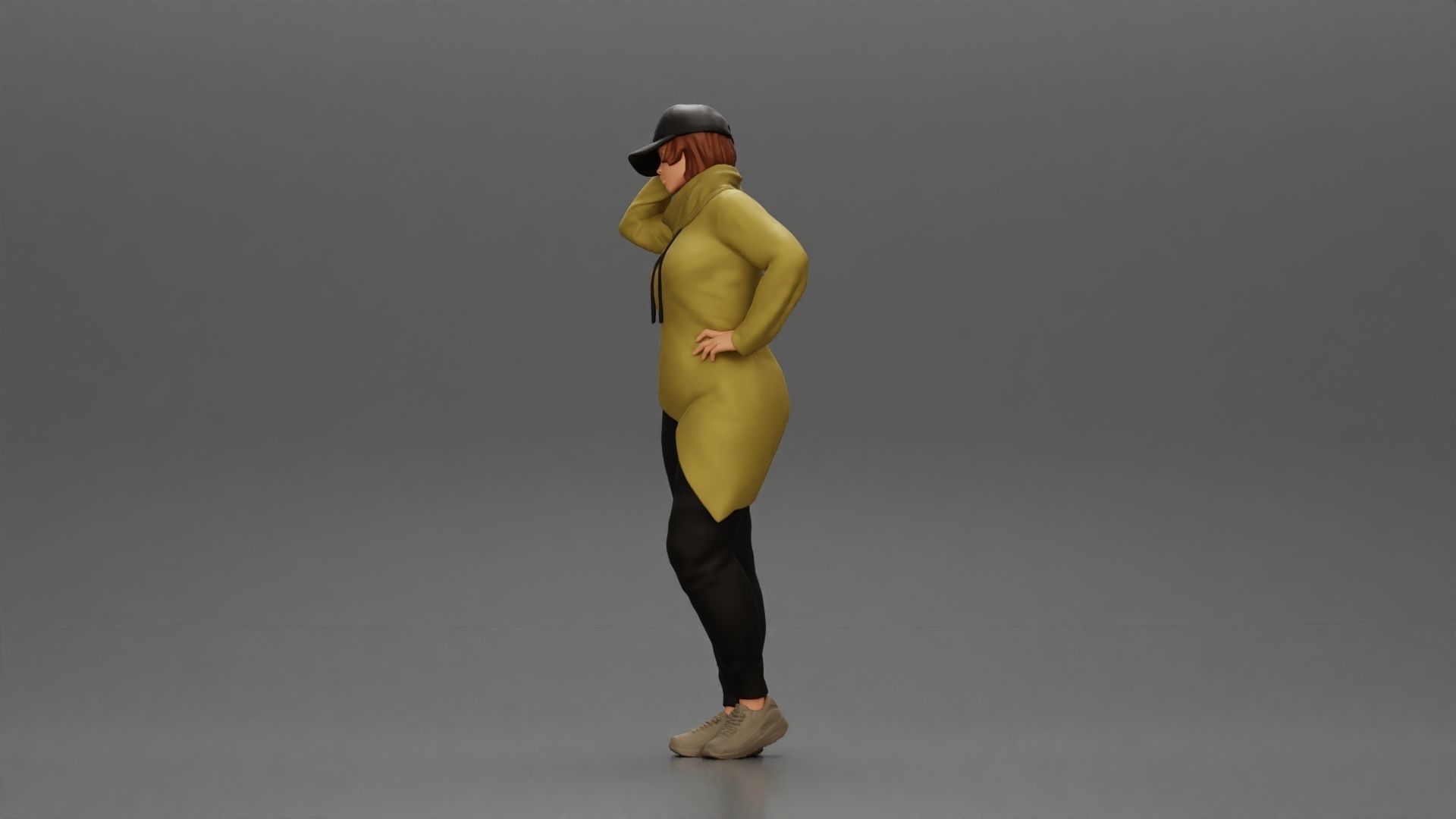Asian girl in a neck hoodie and cap is standing and thinking 3D print model_5