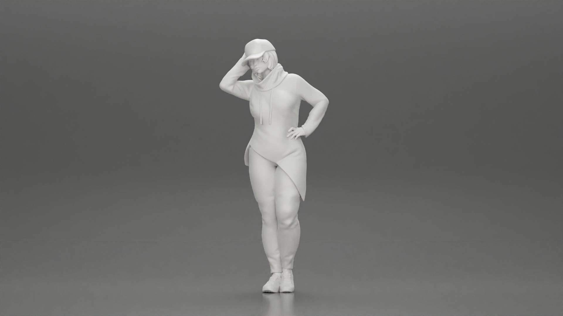 Asian girl in a neck hoodie and cap is standing and thinking 3D print model_6