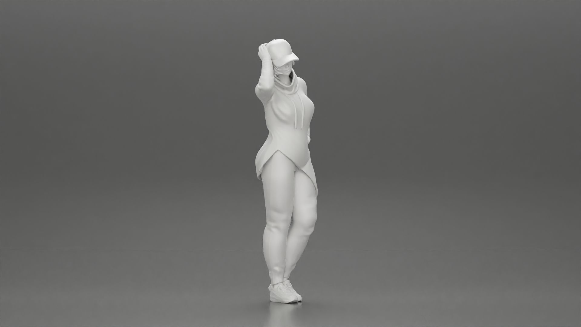 Asian girl in a neck hoodie and cap is standing and thinking 3D print model_7