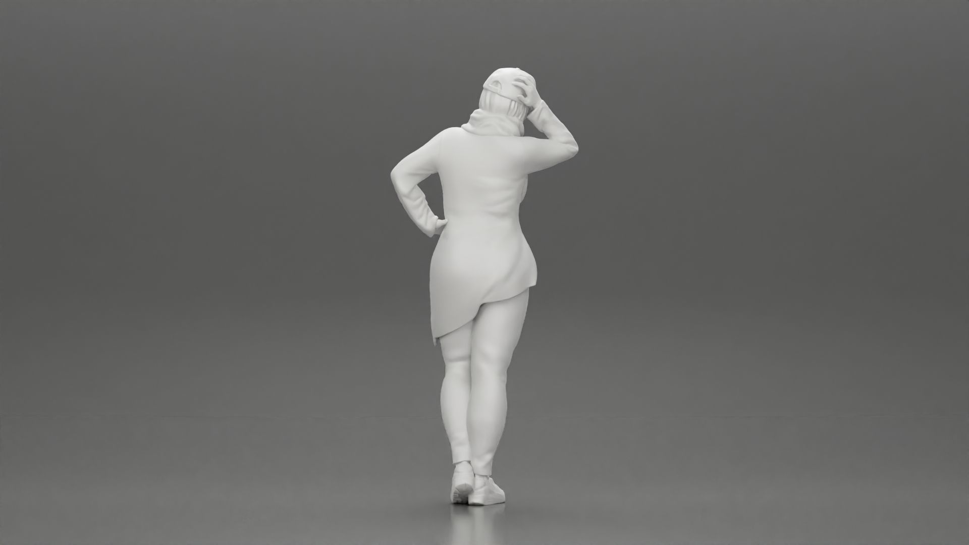 Asian girl in a neck hoodie and cap is standing and thinking 3D print model_9