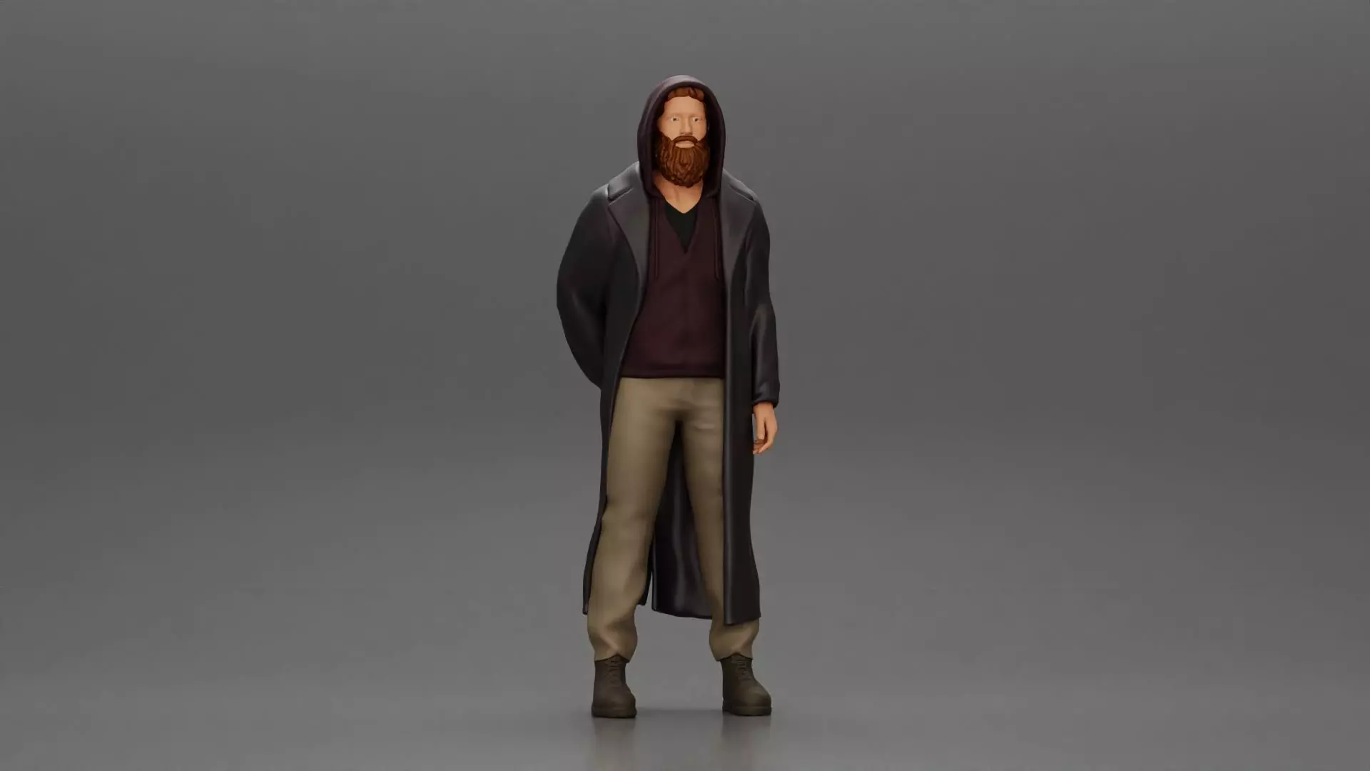 bearded man stands in a stylish hoodie and a flowing long coat 3D print model
