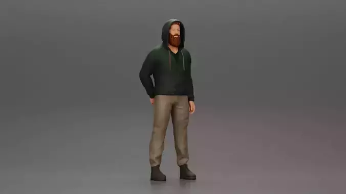 bearded man stands confidently adorned in a stylish hoodie