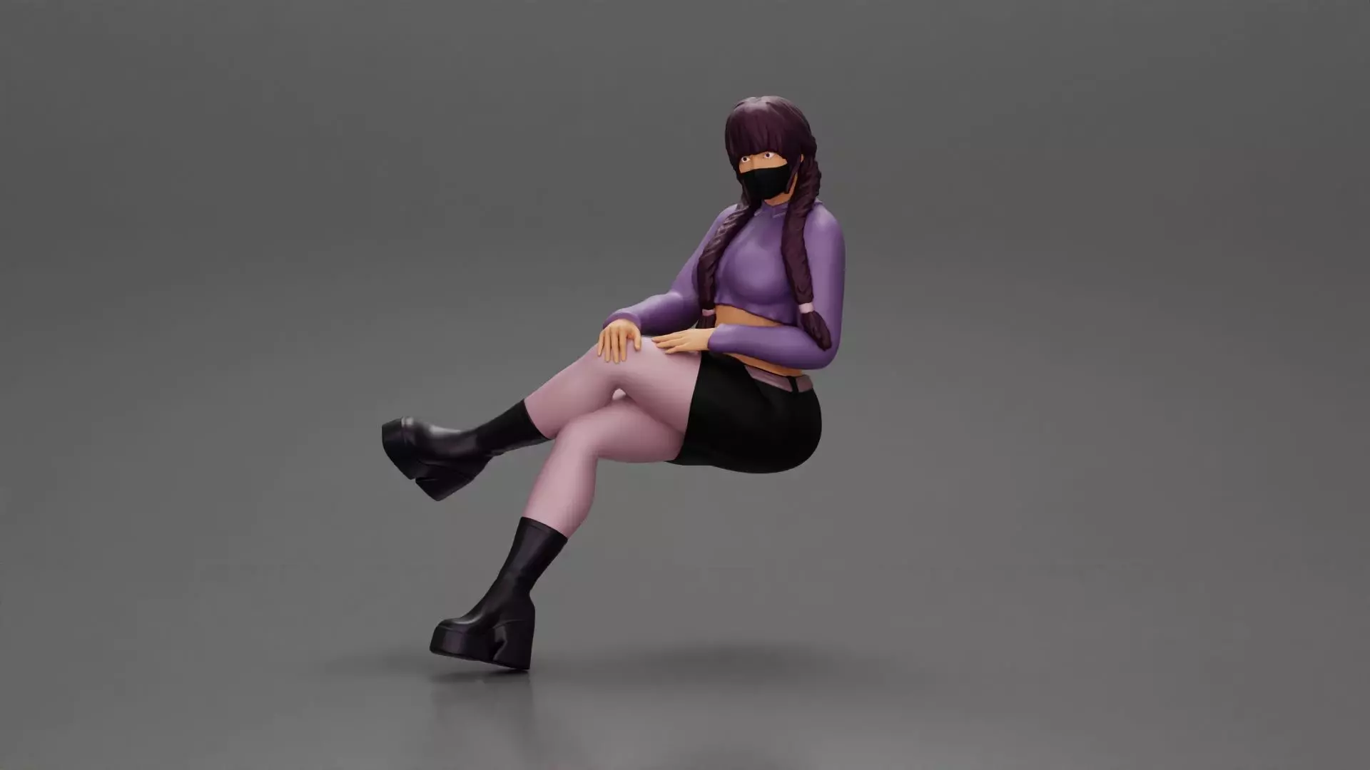 girl sitting with crossed legs in boots skirt long pigtails 3D print model