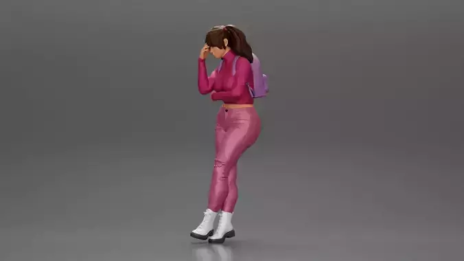 Tearful girl standing in jeans mini shirt backpack with pigtails