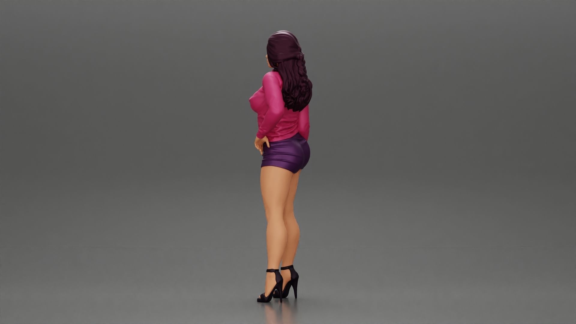 woman posing in open jacket mini skirt next to a car long hair 3D print model_4