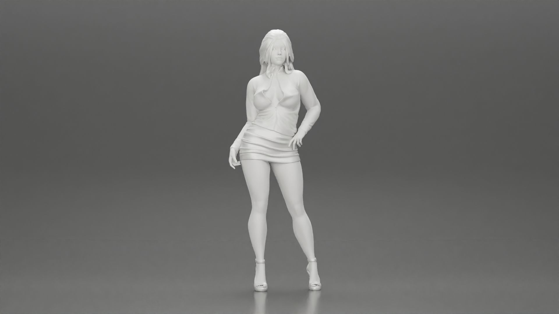 woman posing in open jacket mini skirt next to a car long hair 3D print model_6